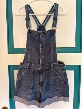 Hollister High-Rise Mom Short Denim Overalls - Blue Jean Jumper